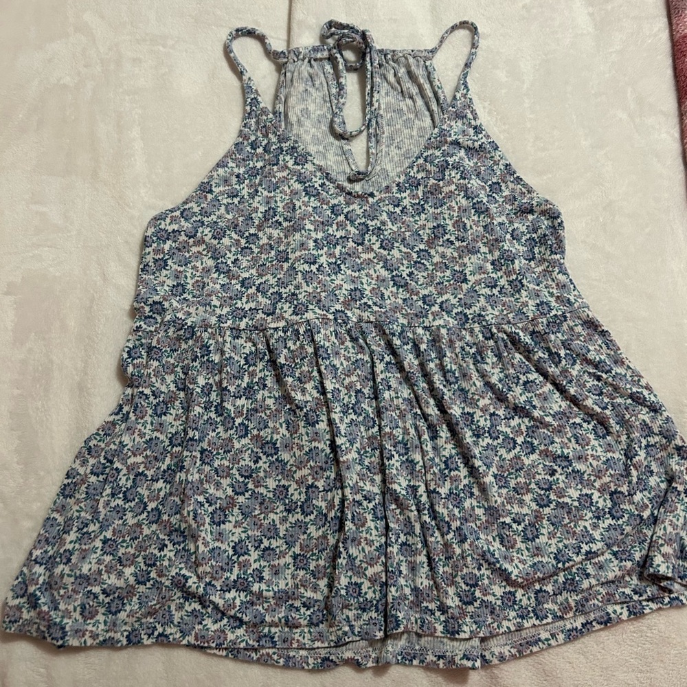 American Eagle Outfitters Blue and White Tie back Tiered Tank Top